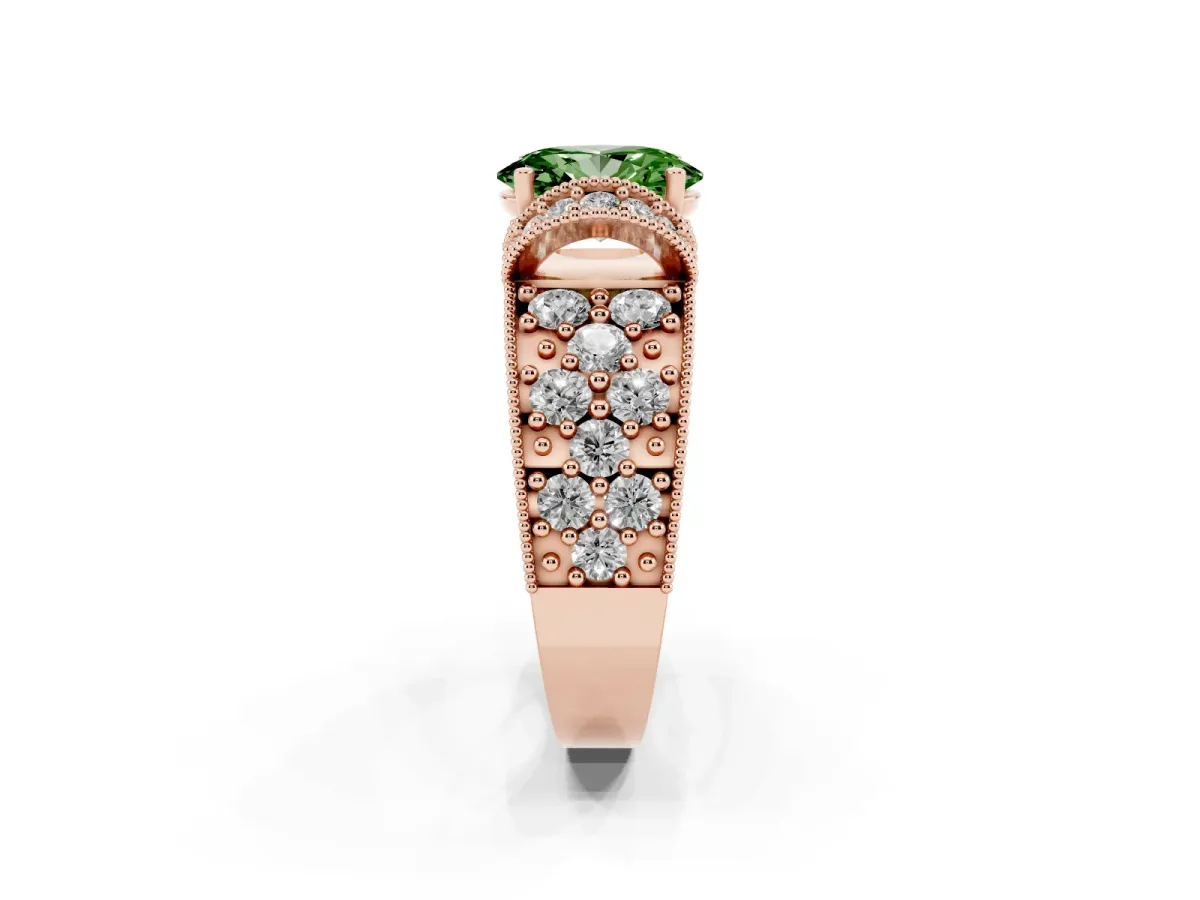 Fancy Green Oval Cut Halo Pave Diamond Engagement Ring with Milgrain Detailing Rose gold