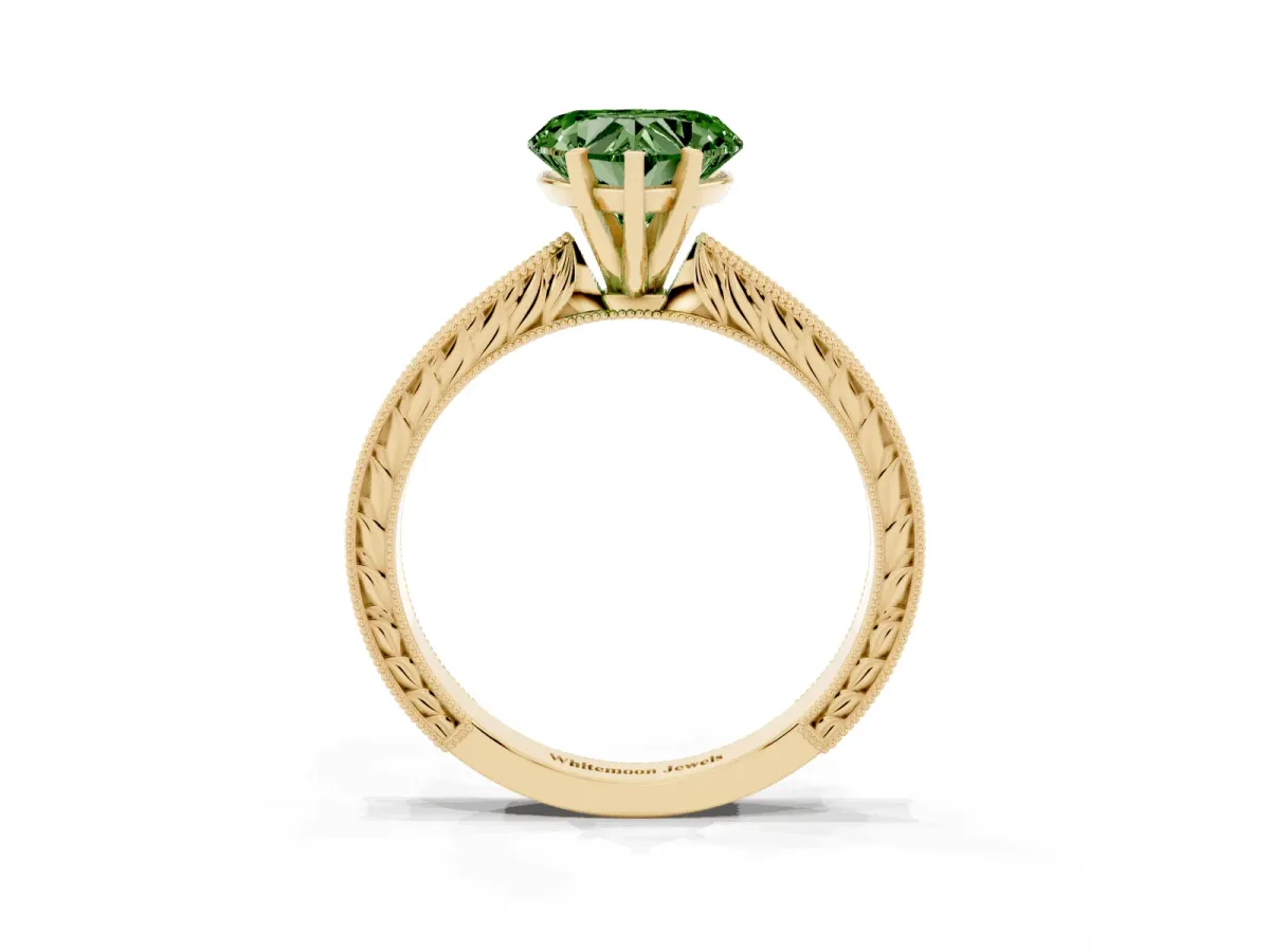 Fancy Green Heart Cut Solitaire Milgrain Engraved Band with Four-Prong Setting Yellow gold