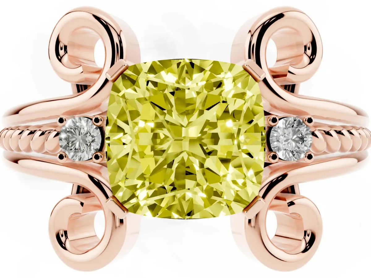 Fancy Yellow Cushion Cut Solitaire Twisted Band Scroll Prong Ring Rose gold