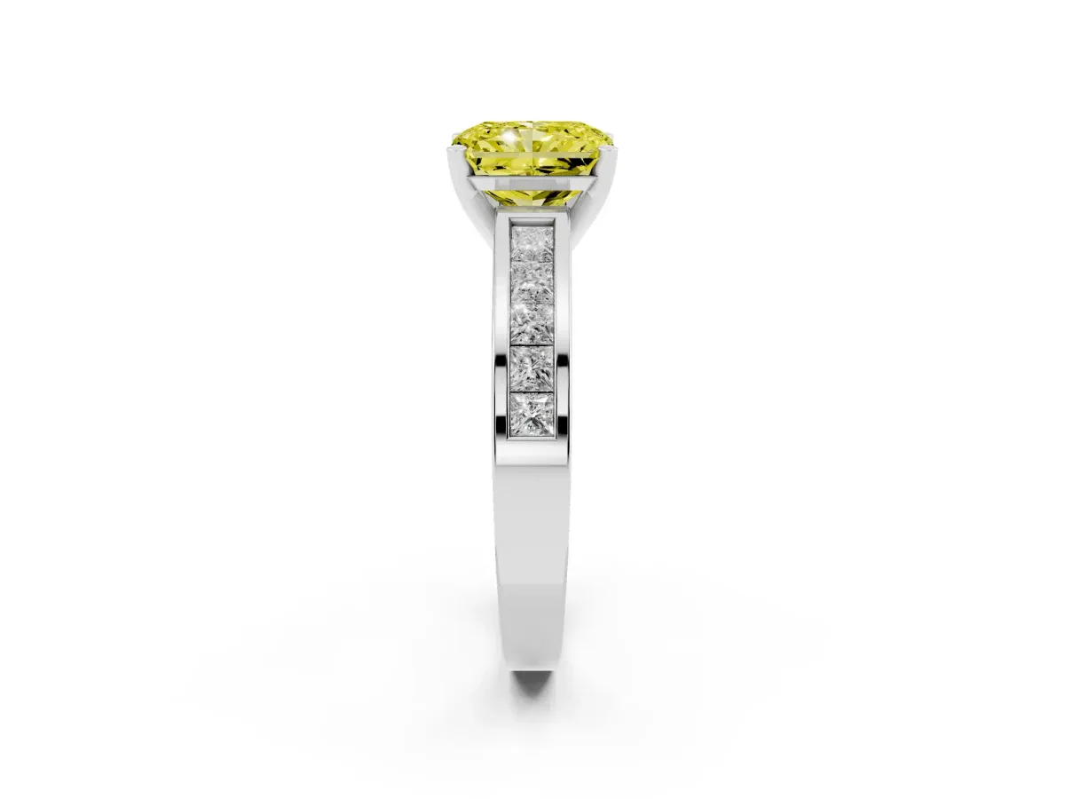 Fancy Yellow Radiant Cut Solitaire Diamond Ring with Channel-Set Band and Four-Prong Setting Silver