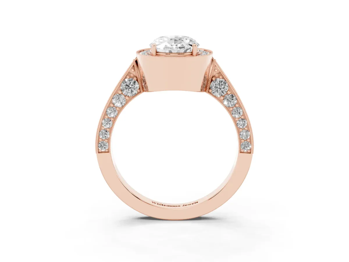 Oval Cut Halo Diamond Engagement Ring with Split Shank Band and Four-Prong Setting Rose gold