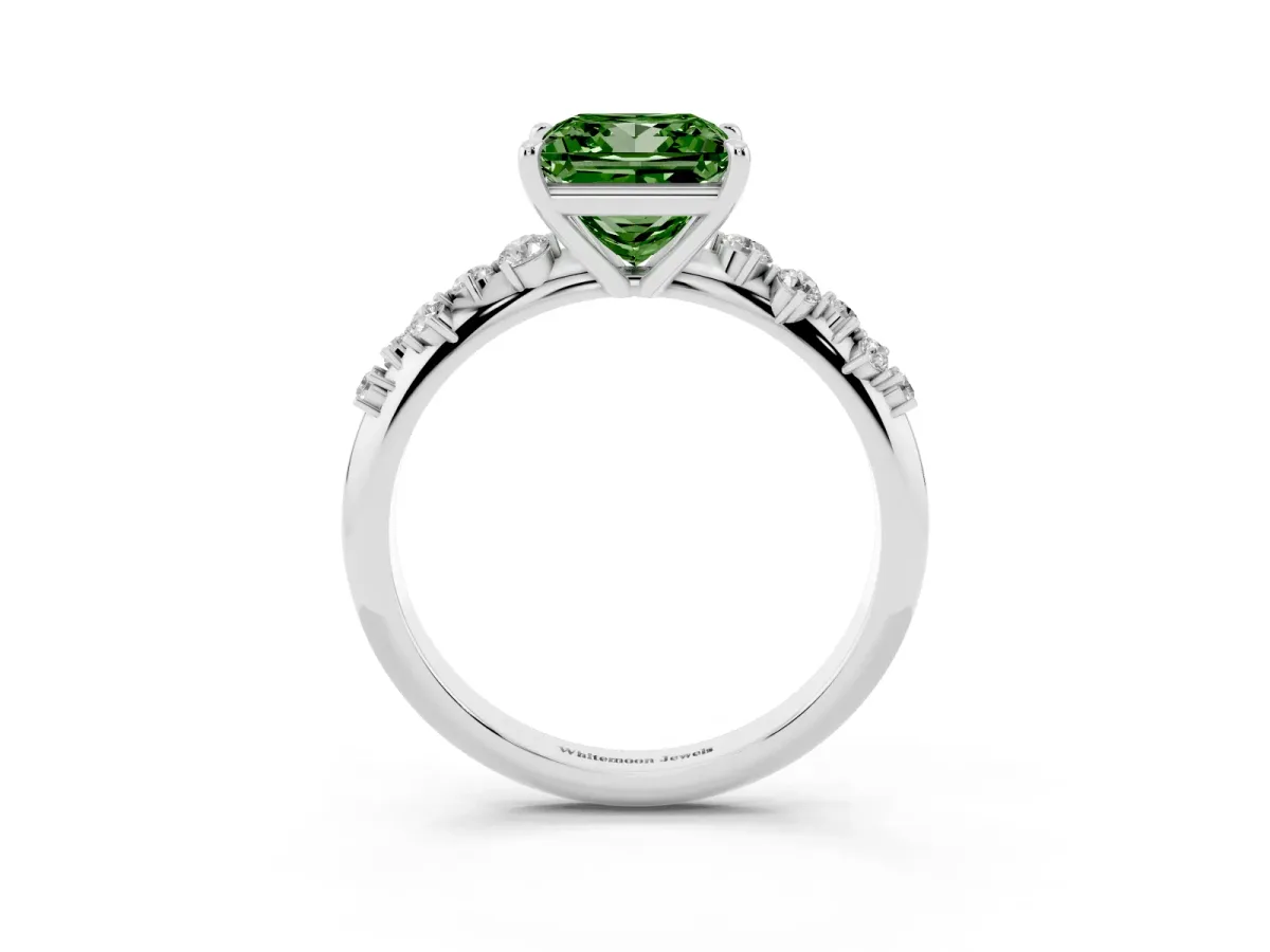Fancy Green Princess Cut Diamond Cluster Side Stone Solitaire Ring with Prong Setting Platinum