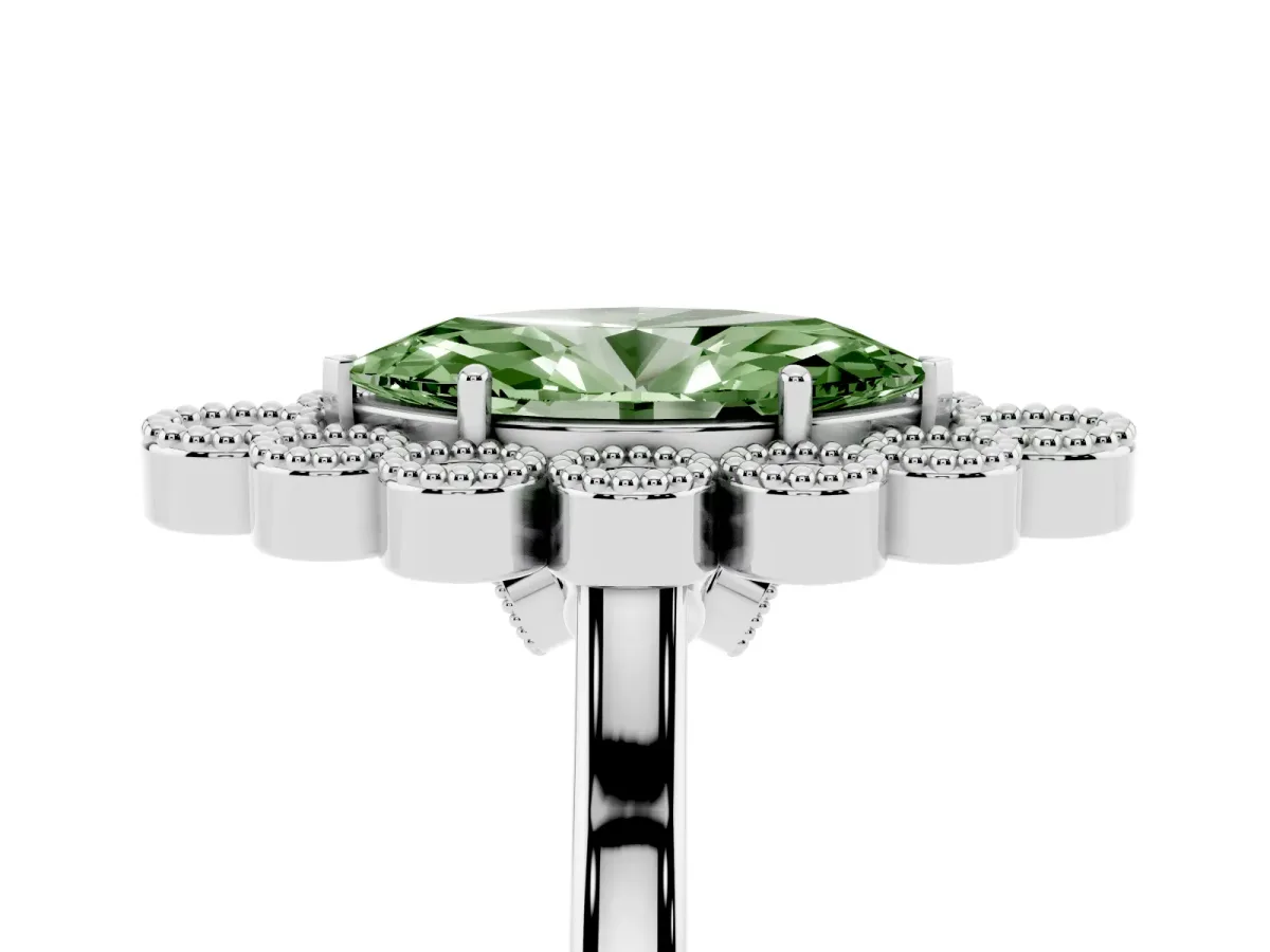 Fancy Green Marquise Cut Halo Diamond Cluster Engagement Ring with Milgrain Bezel Setting and Solitaire Band White gold