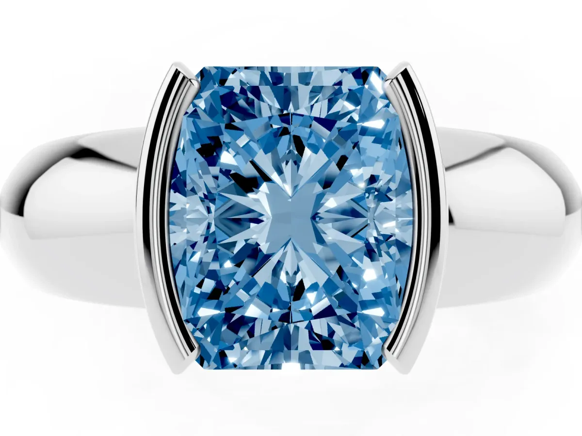 Fancy Blue Radiant Cut Solitaire Tension Set Diamond Ring with Wide Band Silver