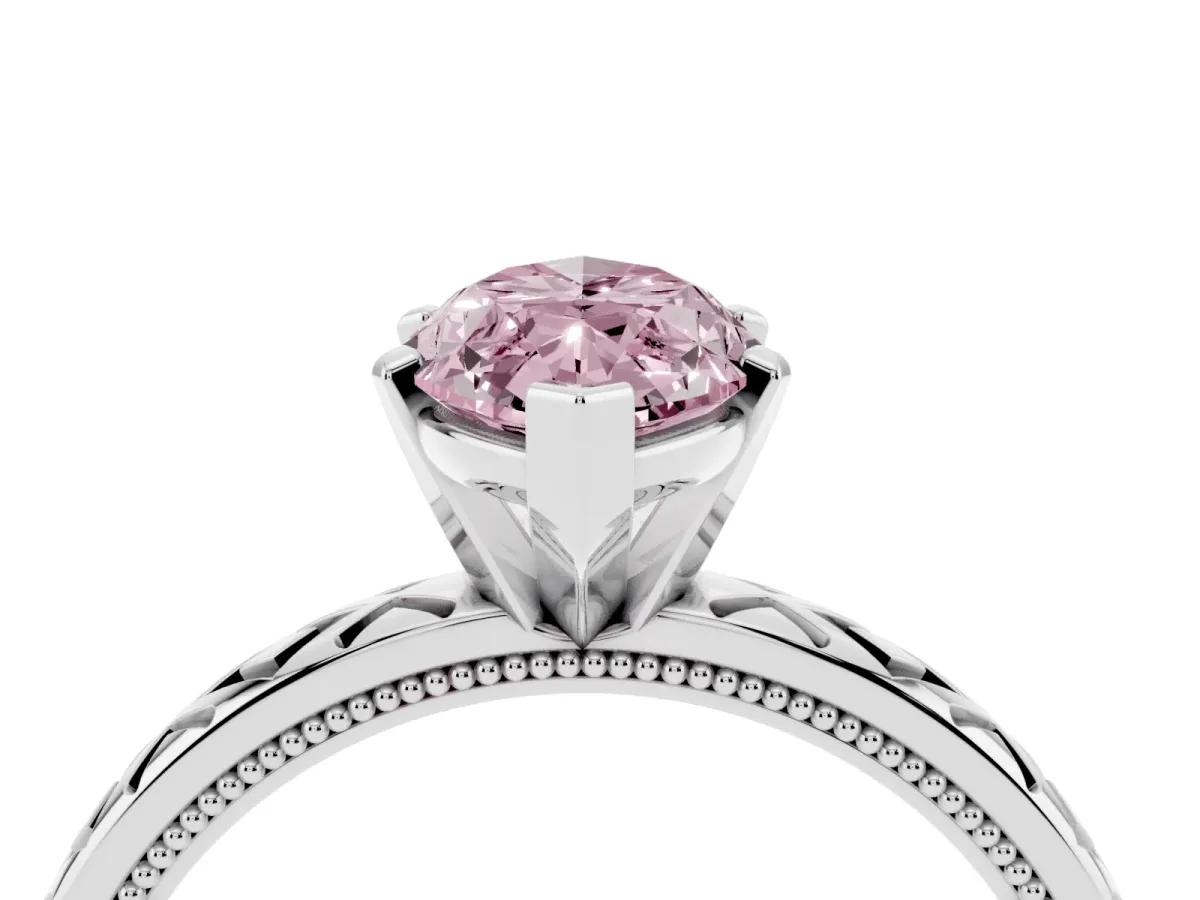 Fancy Pink Marquise Cut Solitaire Diamond Ring with Milgrain and Black Enamel X Pattern Band Silver