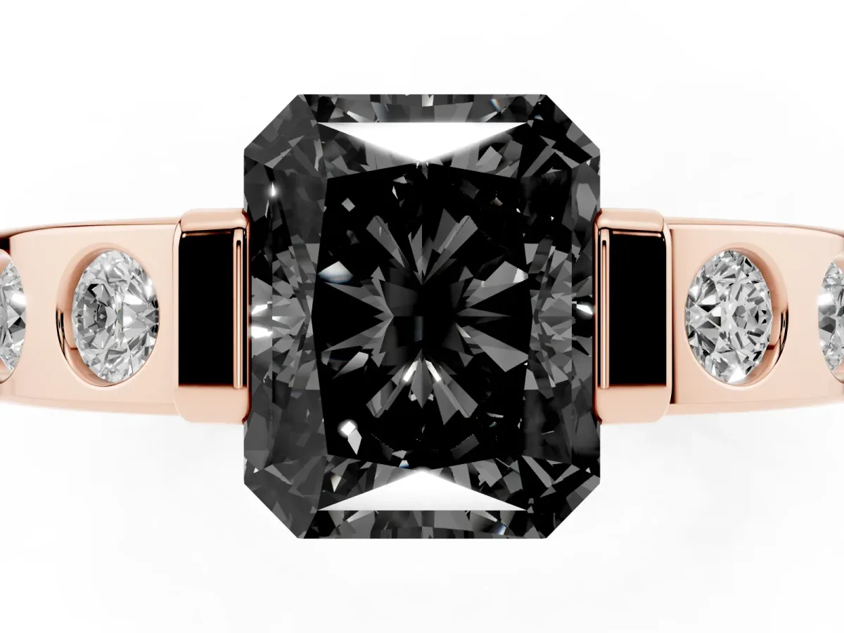 Fancy Black Radiant Cut Brilliant Channel-Set Diamond Ring with Bezel Prong Setting Rose gold
