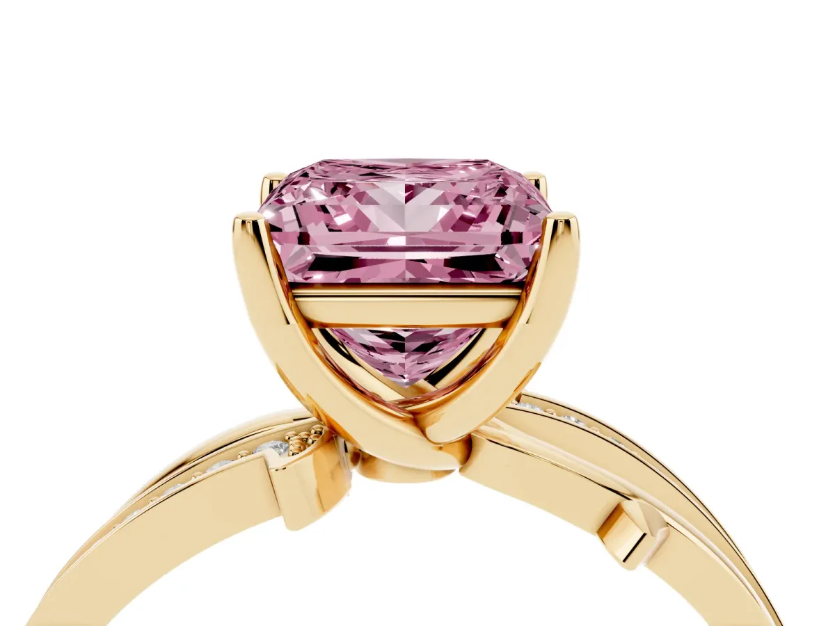 Fancy Pink Princess Cut Solitaire Twist Band with Pavé Accents and Four-Prong Setting Yellow gold
