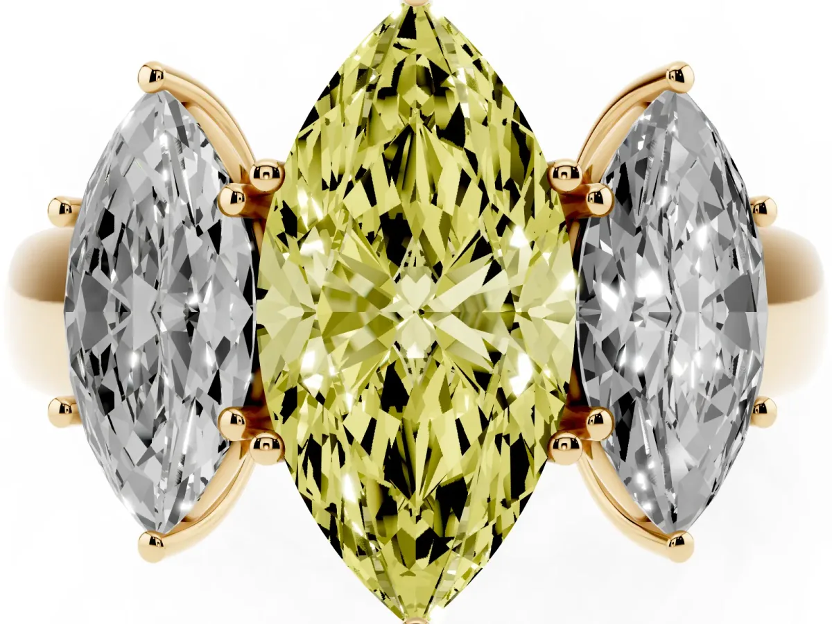 Fancy Yellow Three-Stone Marquise Cut Cut Diamond Ring with Prong Setting and Classic Band Yellow gold