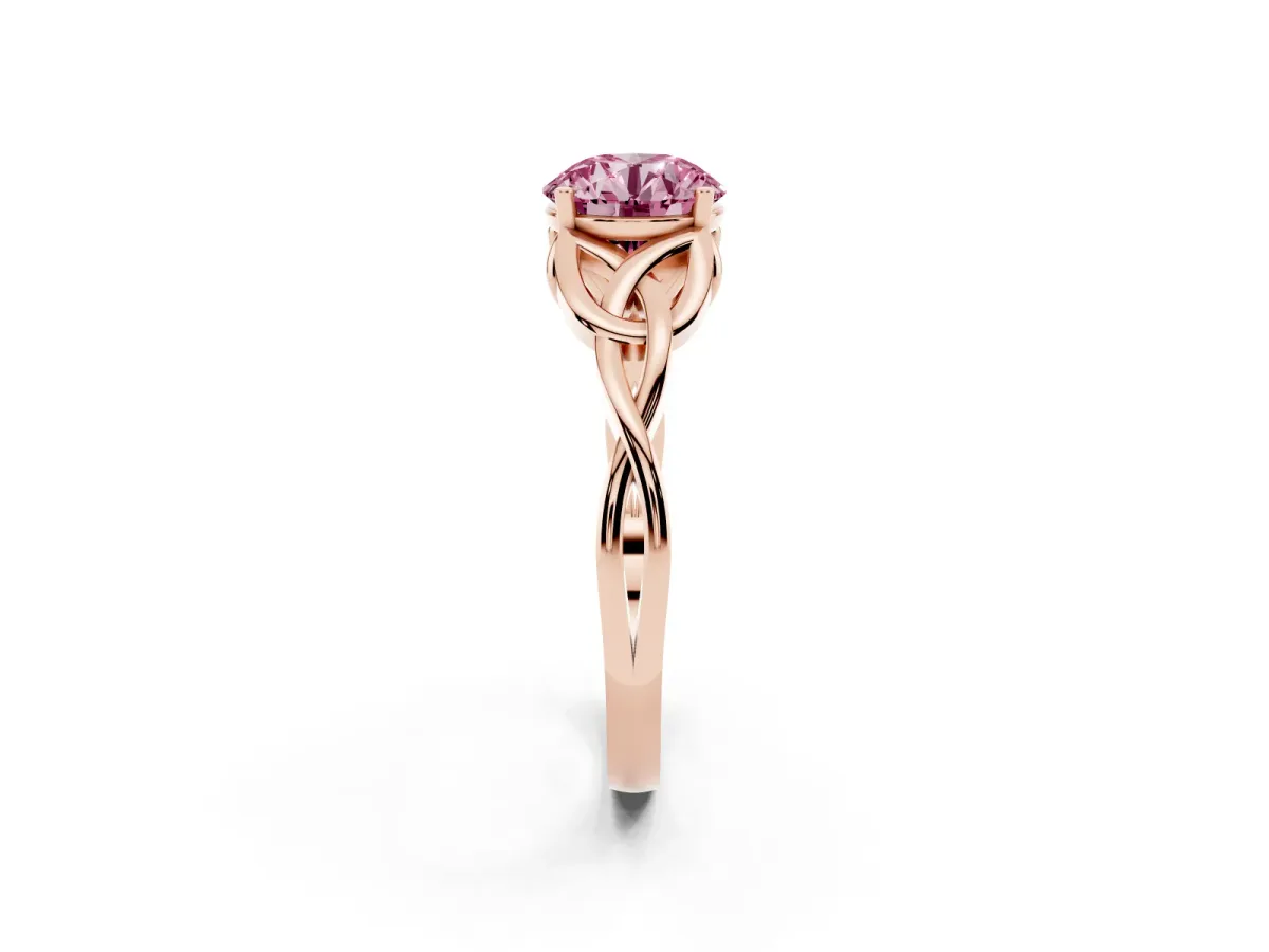 Fancy Pink Round Cut Diamond Solitaire Engagement Ring with Celtic Knot Band and Four-Prong Setting Rose gold