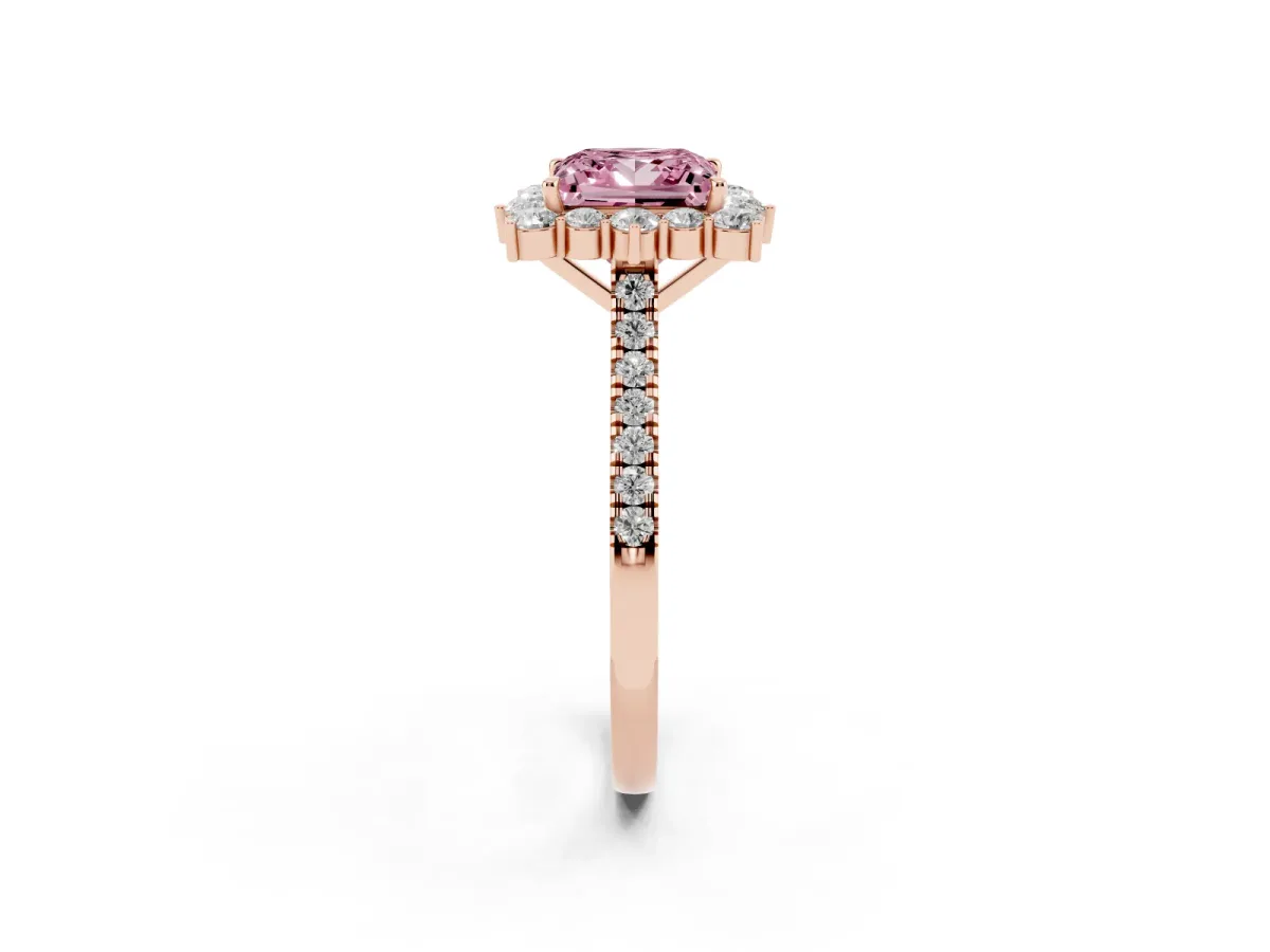 Fancy Pink Princess Cut Halo Diamond Ring with Pavé Band and Prong Setting Rose gold