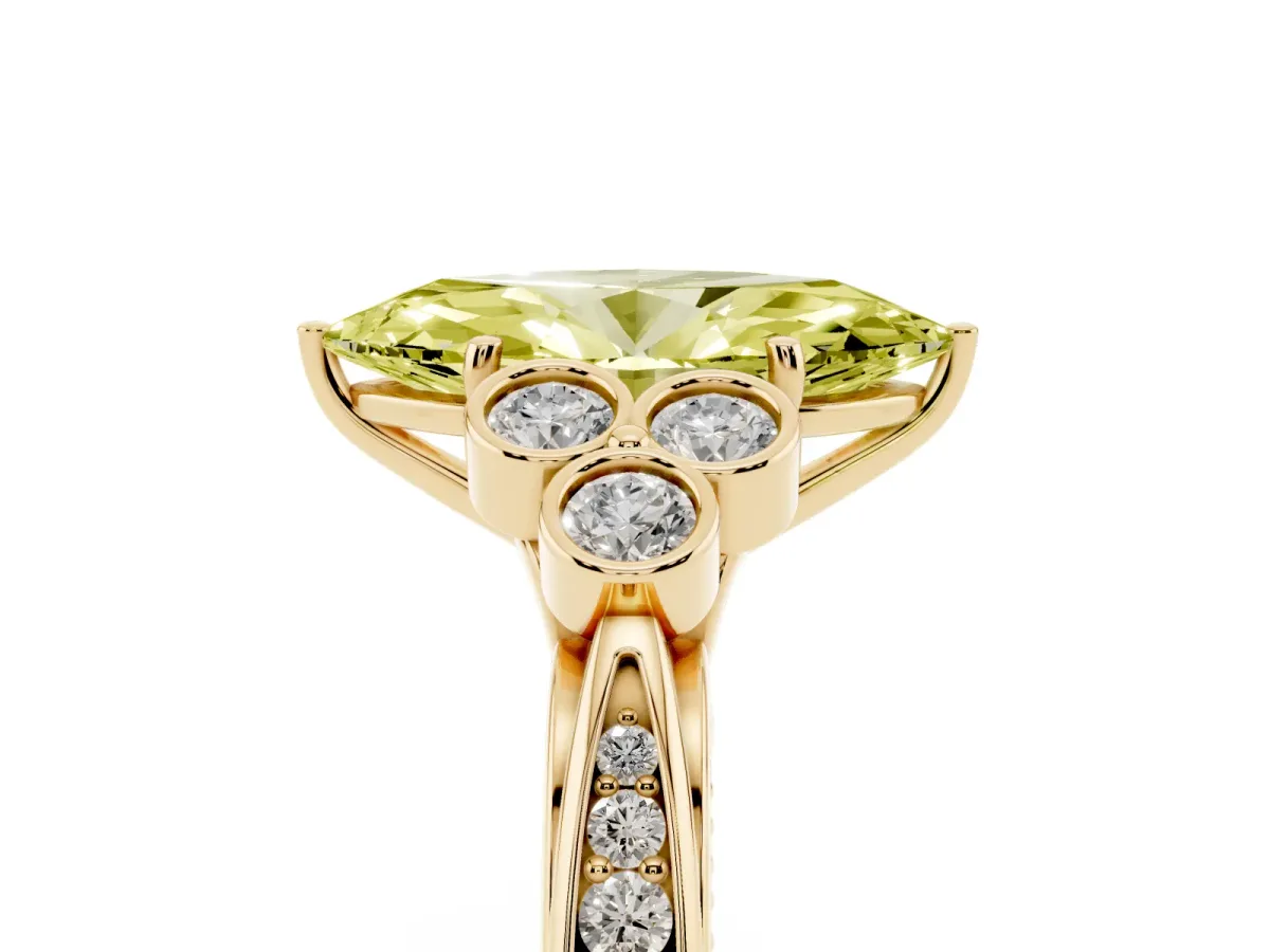 Fancy Yellow Marquise Cut Cut Diamond Engagement Ring with Bezel Set Round Side Stones and Prong Setting Yellow gold