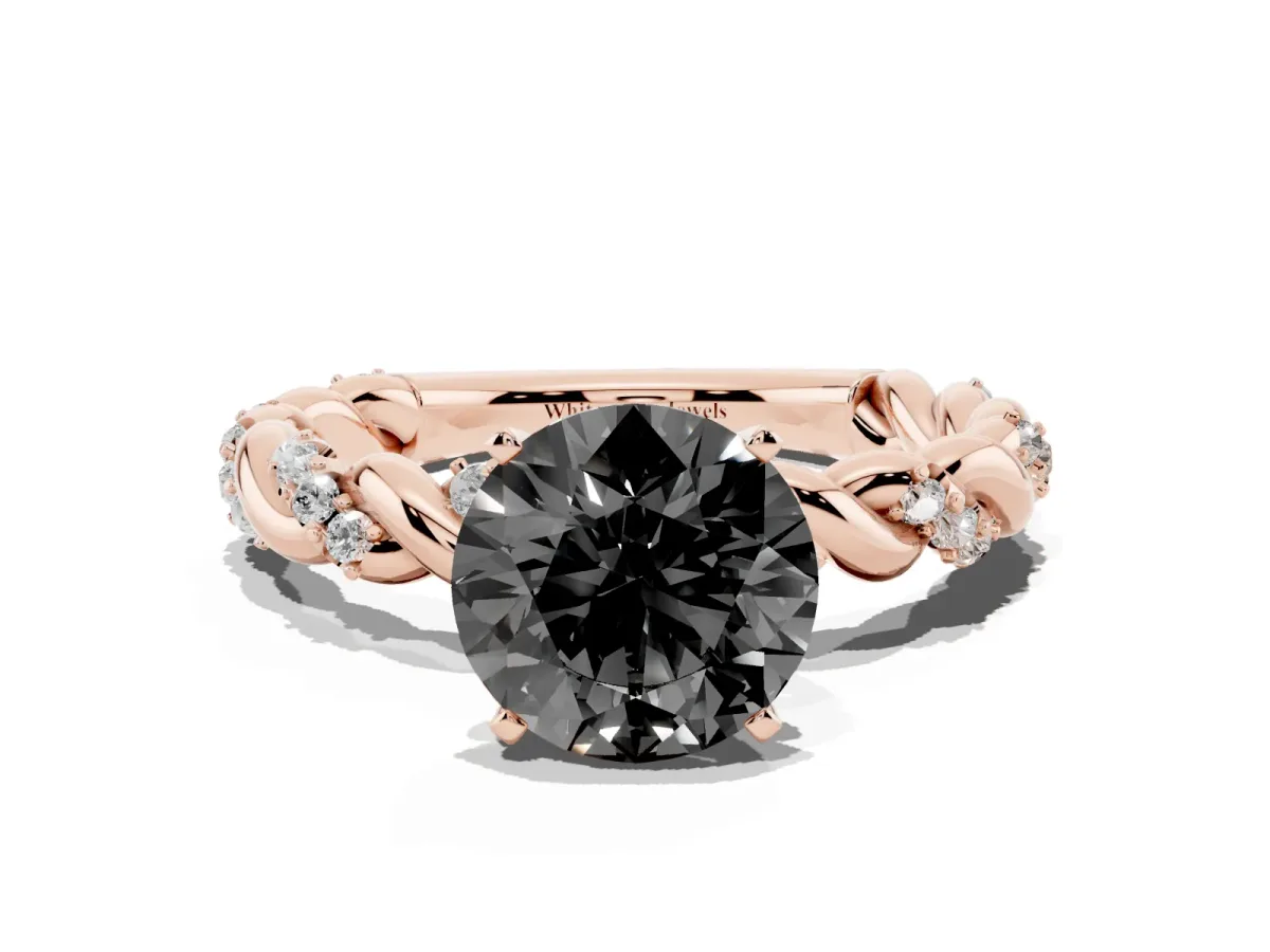Fancy Black Round Cut Diamond Solitaire Ring with Twisted Band and Pavé Accents Rose gold