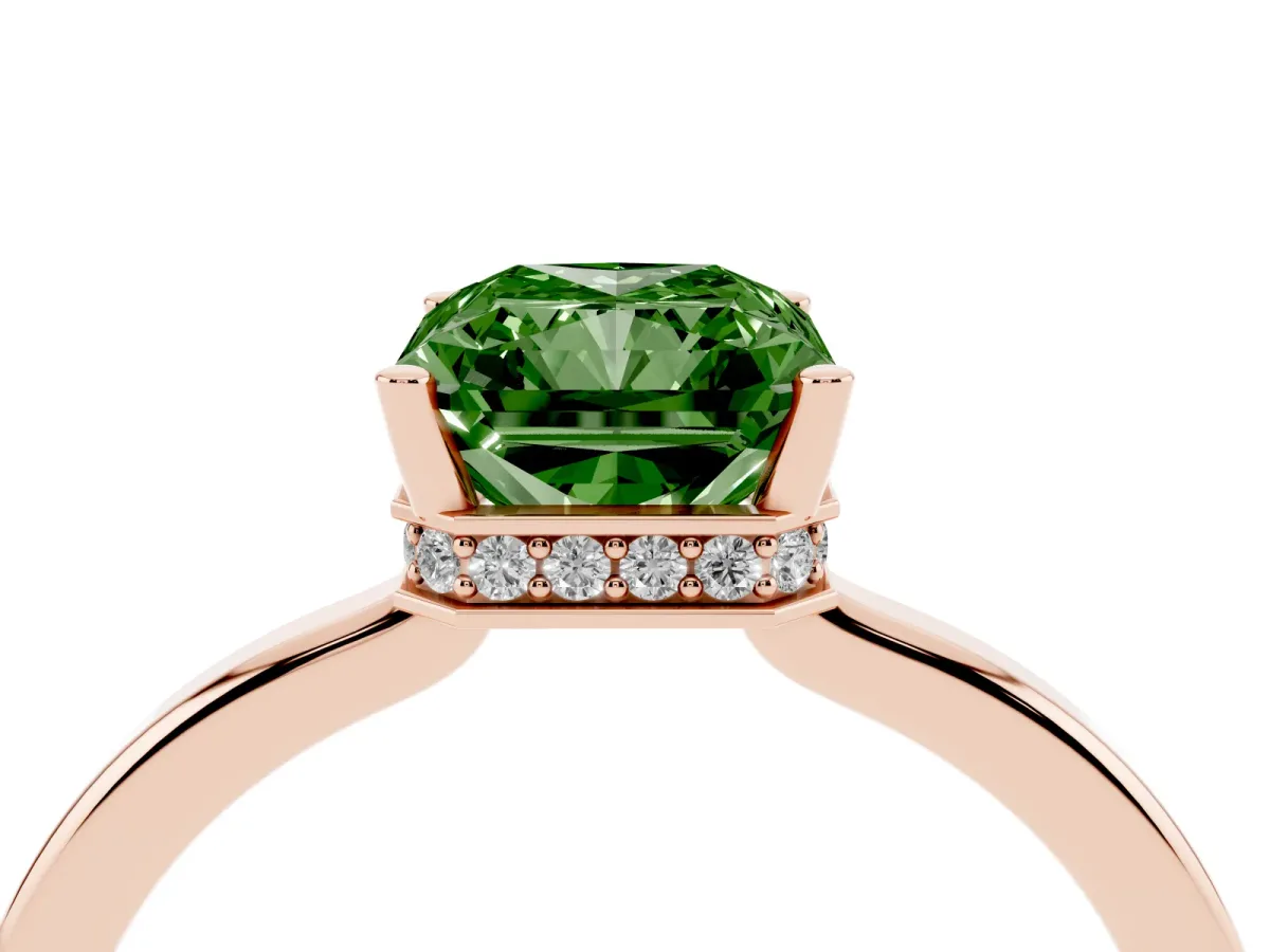 Fancy Green Radiant Cut Cut Solitaire Engagement Ring with Four-Prong Setting on a Classic Band Rose gold