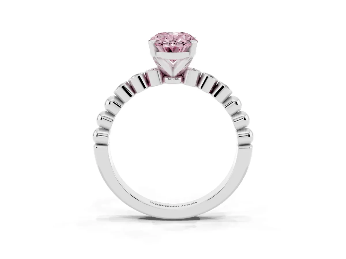 Fancy Pink Oval Cut Solitaire Bezel Accent Diamond Engagement Ring with Beaded Band and Four-Prong Setting Platinum