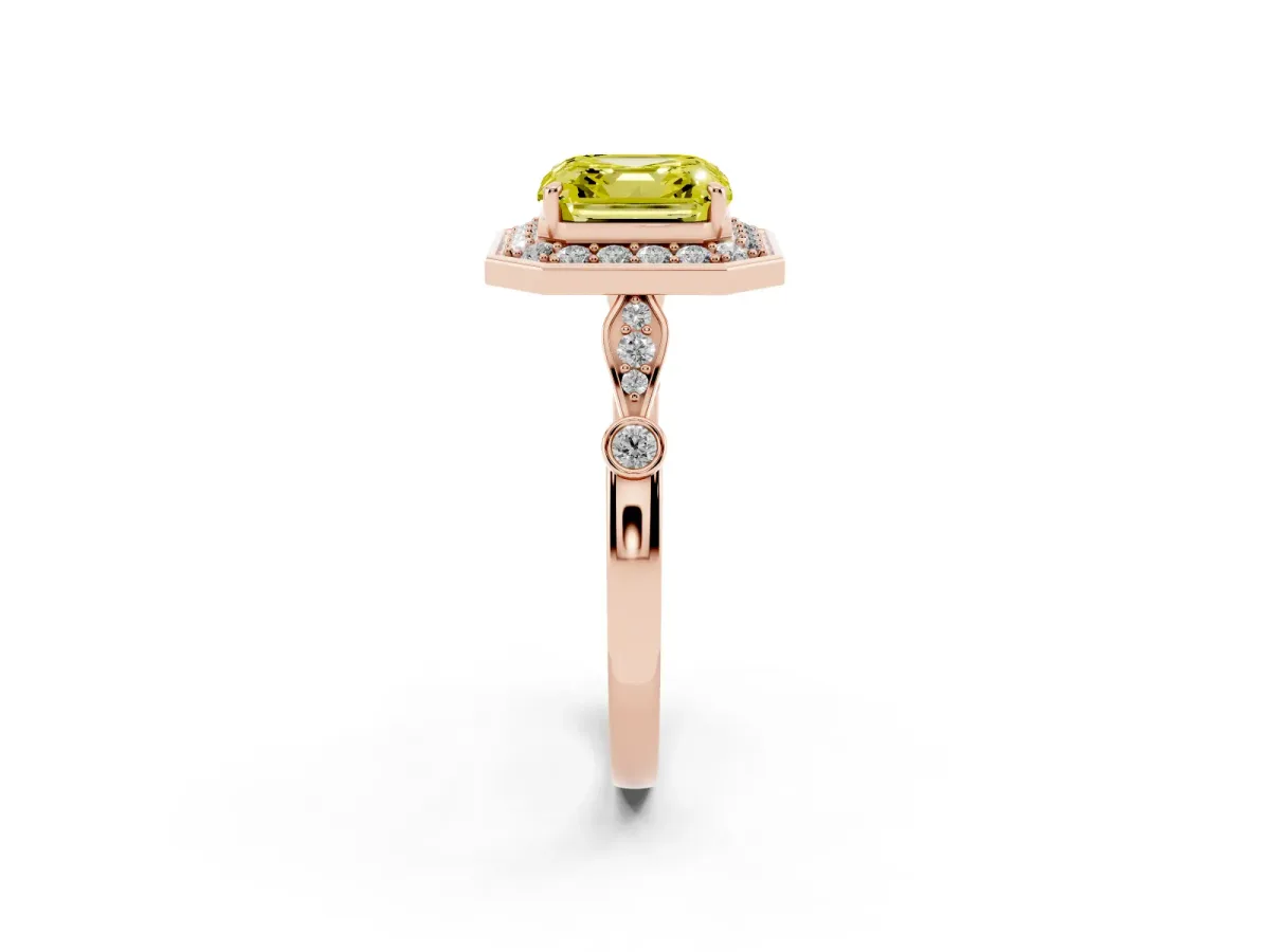 Fancy Yellow Asscher Cut Halo Diamond Engagement Ring with Twisted Band and Four-Prong Setting Rose gold