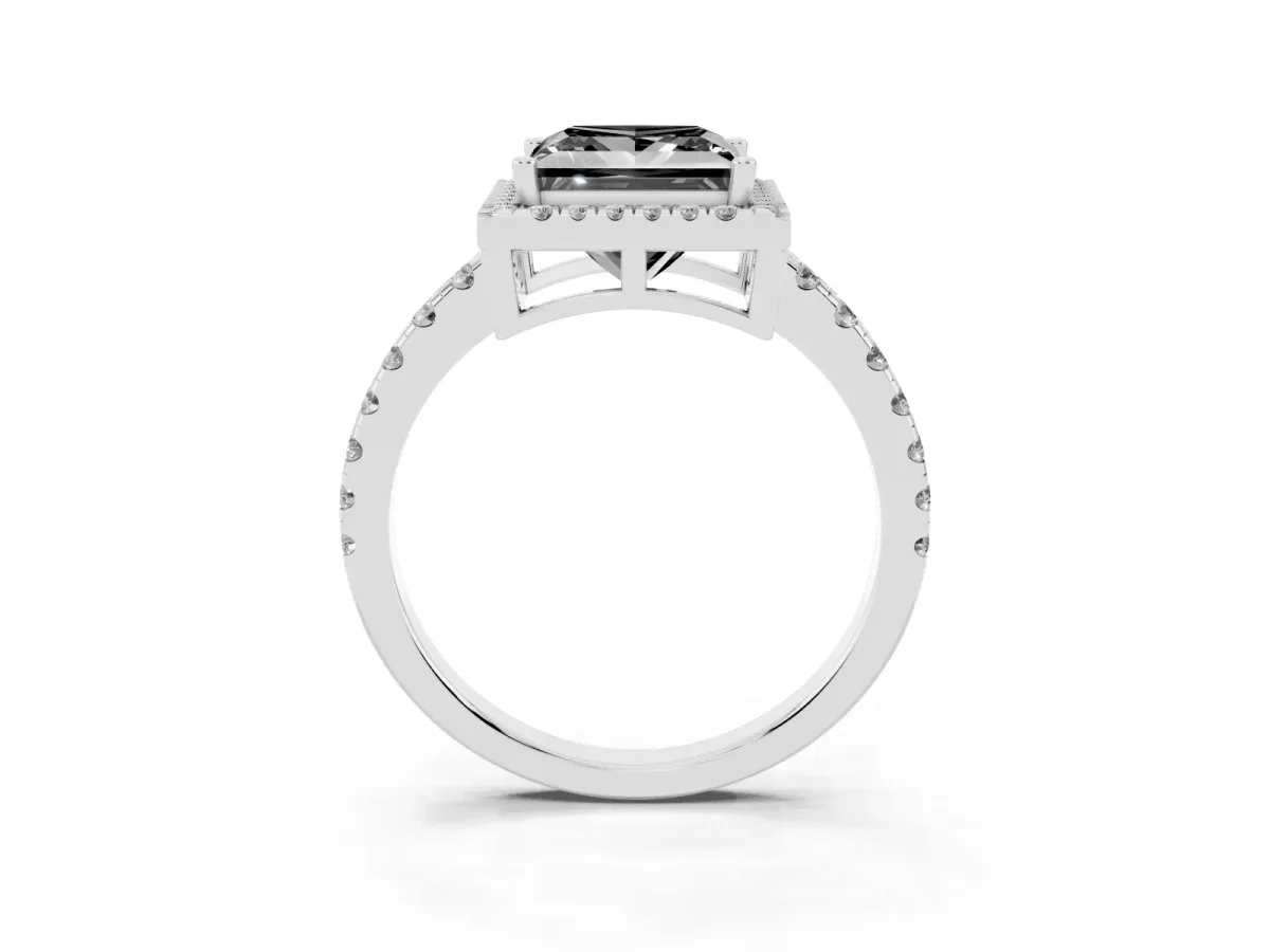Fancy Black Princess Cut Diamond Halo Ring with Pavé Band and Four-Prong Setting White gold