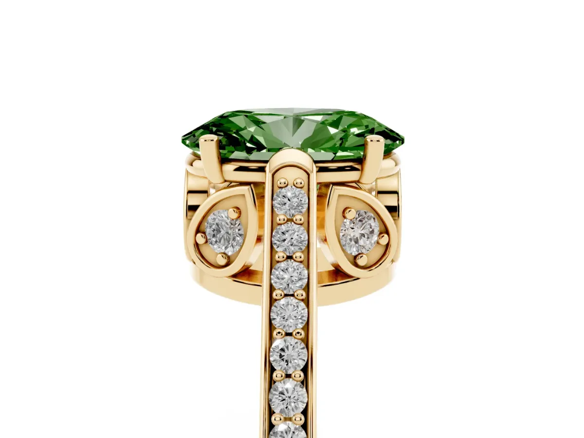 Fancy Green Oval Cut Cut Cathedral Pave Diamond Engagement Ring with Six-Prong Setting Yellow gold