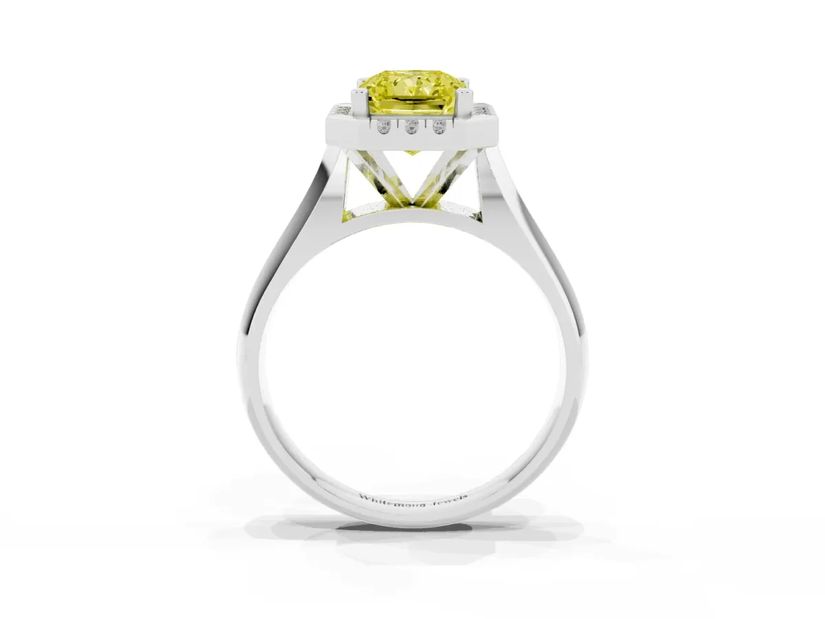 Fancy Yellow Radiant Cut Cut Halo Solitaire Engagement Ring with Square Band and Four-Prong Setting Silver