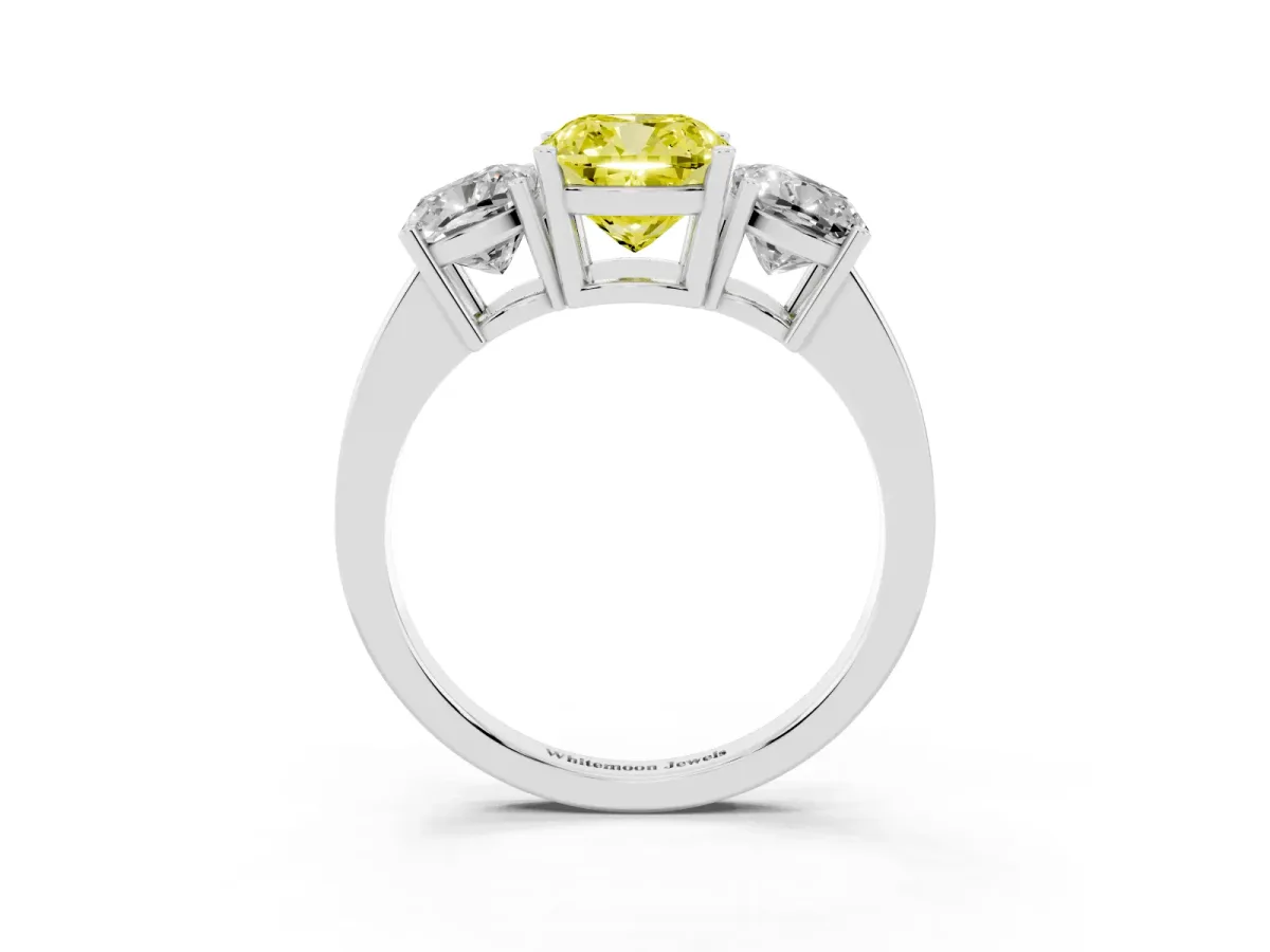 Fancy Yellow Three-Stone Cushion Cut Cut Diamond Engagement Ring with Flat Band and Four-Prong Setting Silver