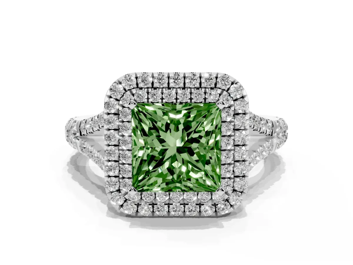 Fancy Green Princess Cut Diamond Pavé Split Shank Double Halo Engagement Ring Silver