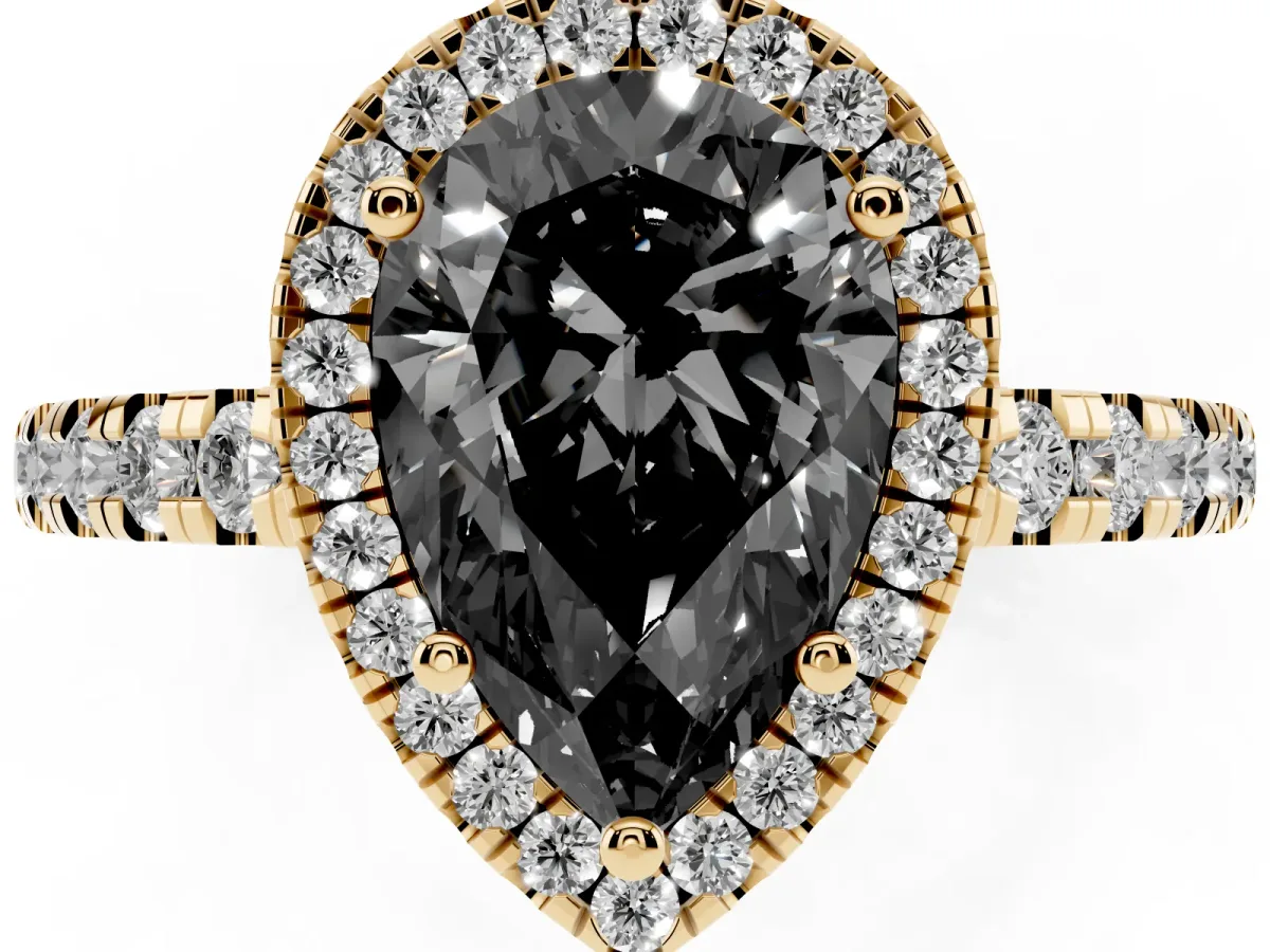 Fancy Black Pear Cut Diamond Halo Ring with Pavé Band and Four-Prong Setting Yellow gold