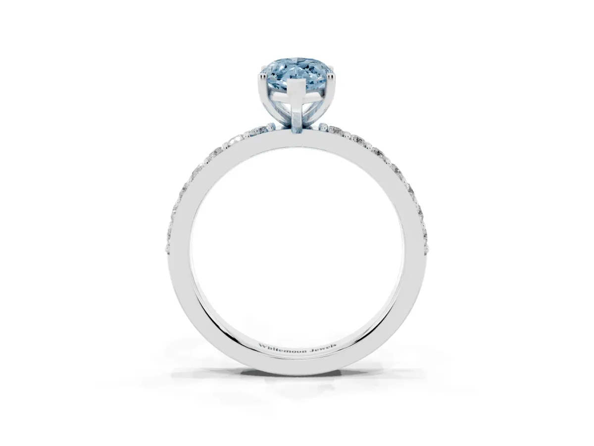 Fancy Blue Marquise Cut Cut Diamond Solitaire with Pave Band and Four-Prong Setting Silver