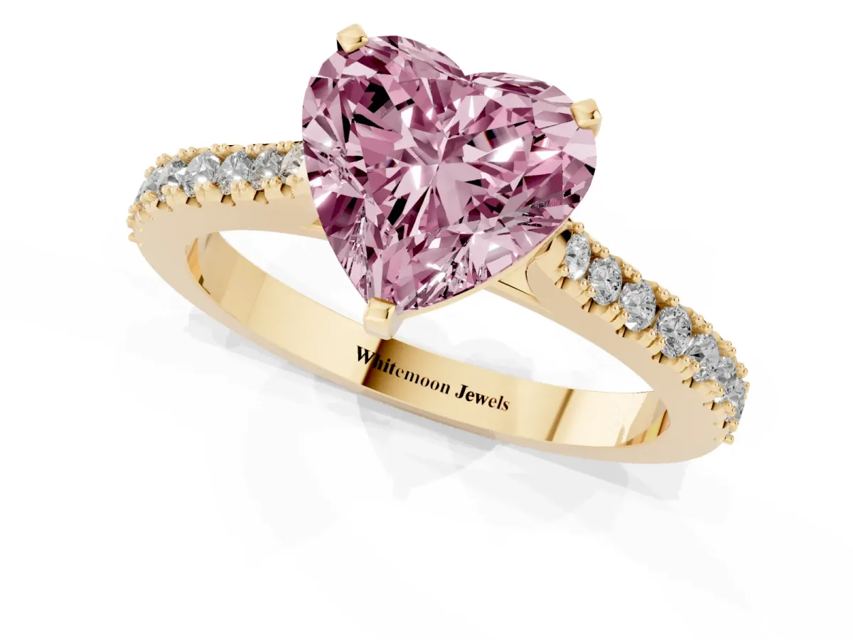 Fancy Pink Heart Cut Cut Solitaire Diamond Engagement Ring with Pave Band and Four-Prong Setting Yellow gold