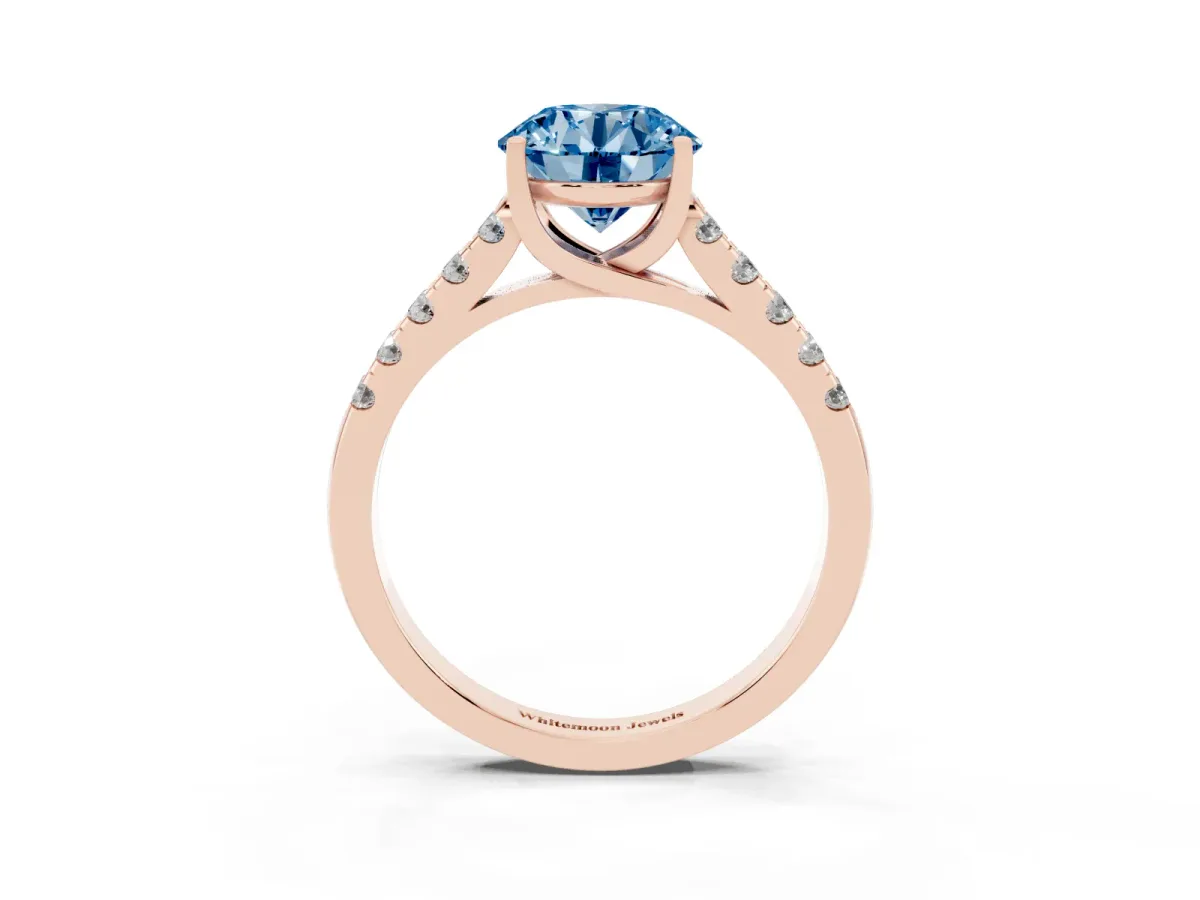Fancy Blue Round Cut Diamond Pavé Band Solitaire Ring with Prong Setting Rose gold