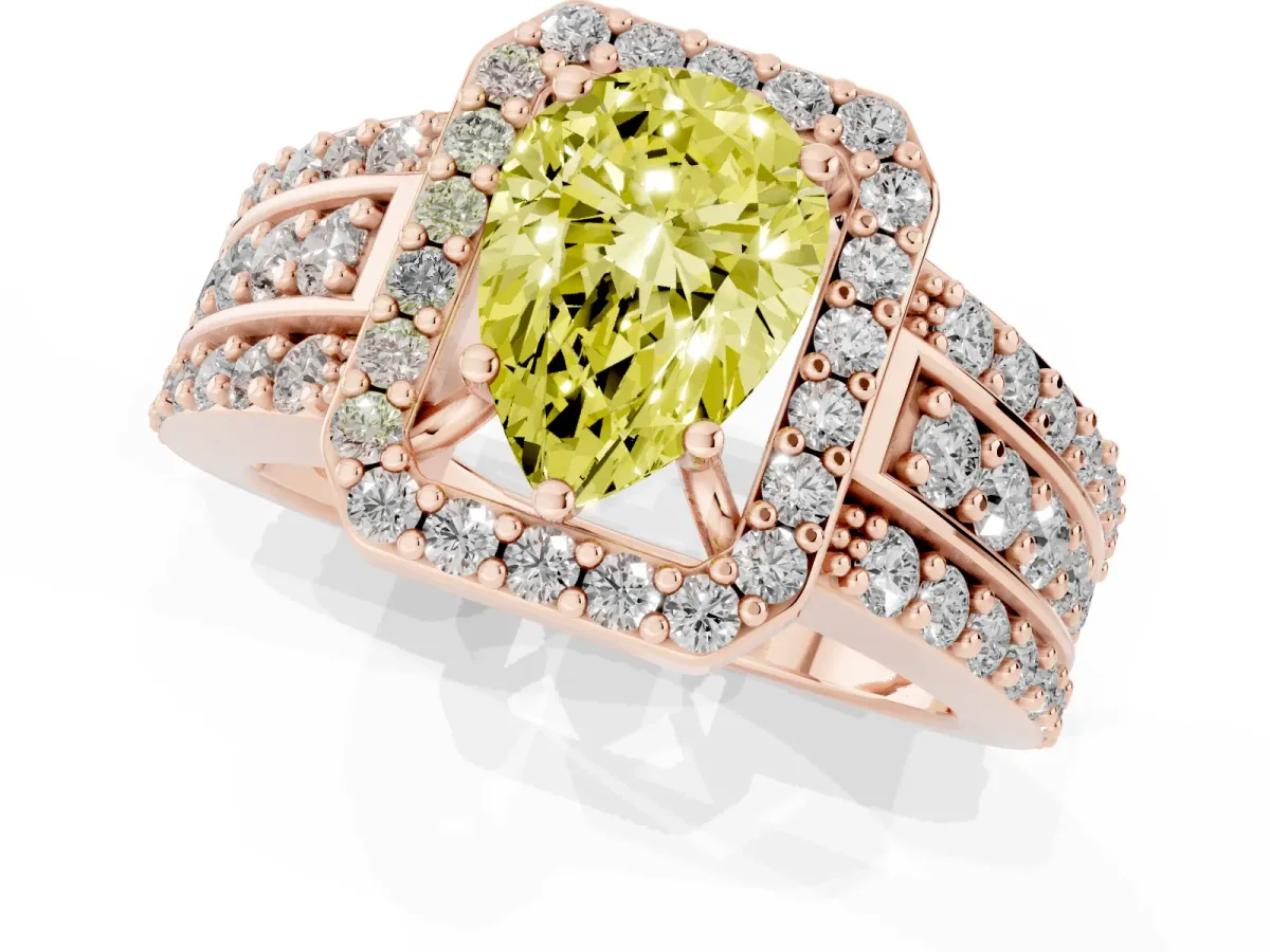 Fancy Yellow Pear Cut Halo Diamond Ring with Round Split Shank and Prong Setting Rose gold