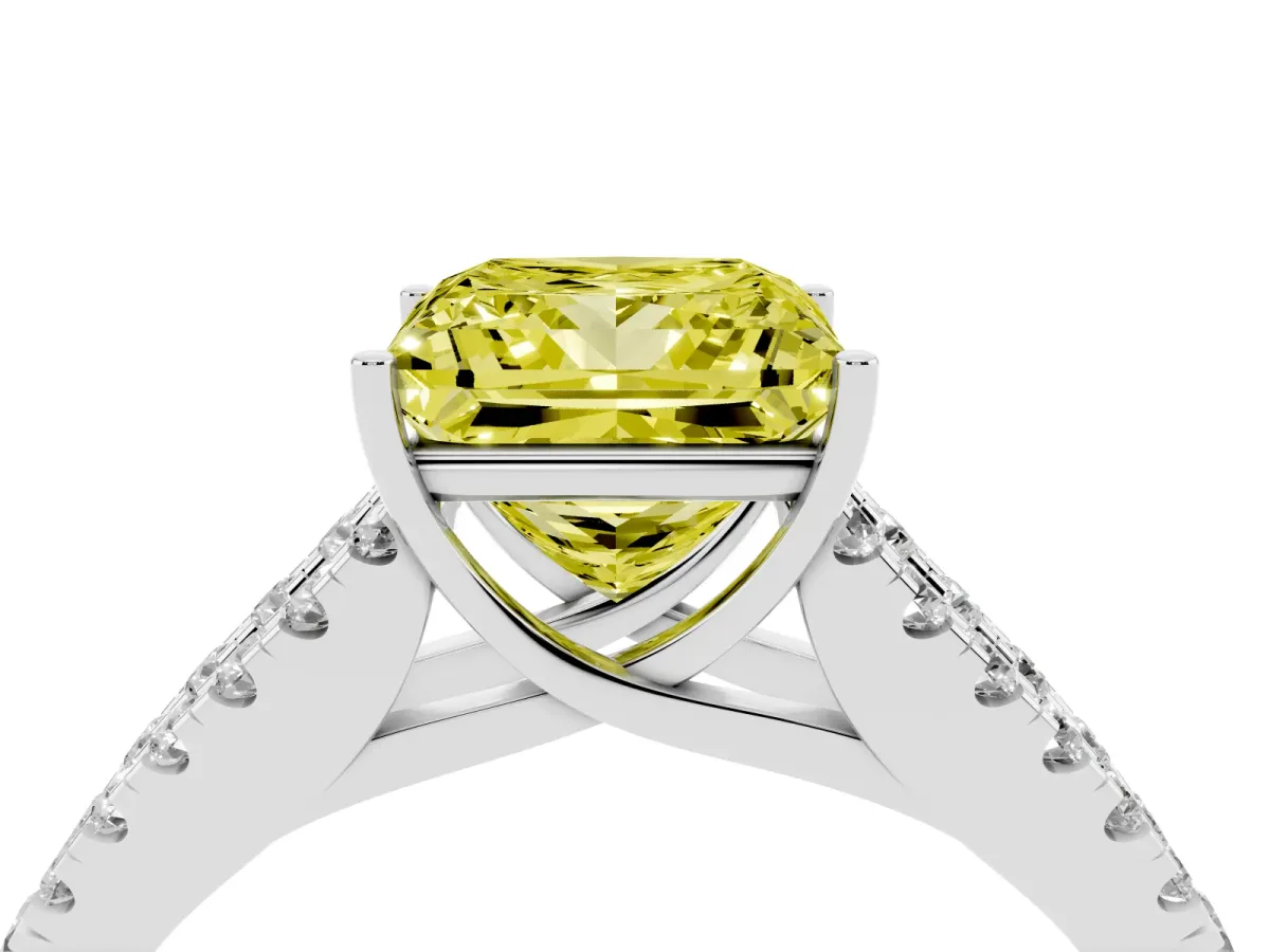 Fancy Yellow Princess Cut Diamond Split Shank Engagement Ring with Round Pavé and Prong Setting Silver