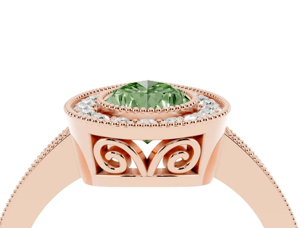 Fancy Green Pear Cut Cut Halo Diamond Ring with Pavé Band and Milgrain Prong Setting Rose gold