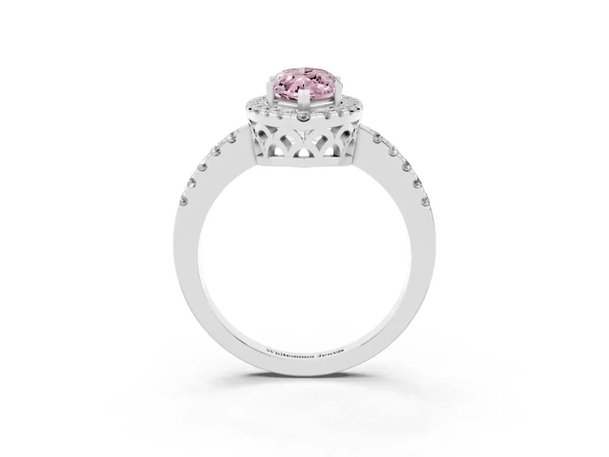 Fancy Pink Marquise Cut Halo Diamond Engagement Ring with Pavé Band and Four-Prong Setting Silver
