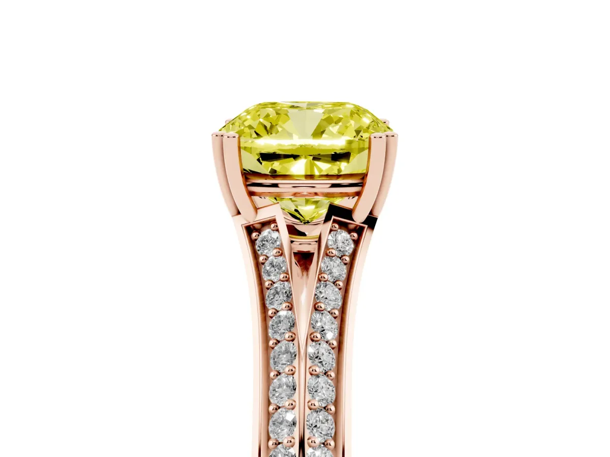 Fancy Yellow Cushion Cut Diamond Split Shank Engagement Ring with Pavé Band Rose gold
