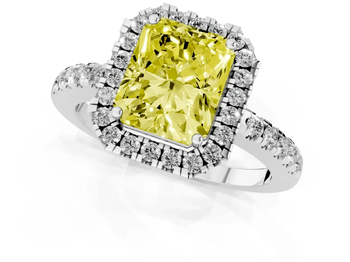 Fancy Yellow Radiant Cut Halo Diamond Engagement Ring with Pavé Band and Four-Prong Setting White gold