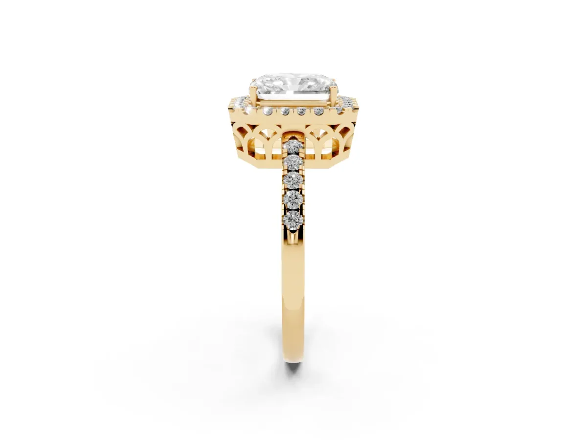 Radiant Cut Halo Diamond Engagement Ring with Pavé Band and Four-Prong Setting Yellow gold