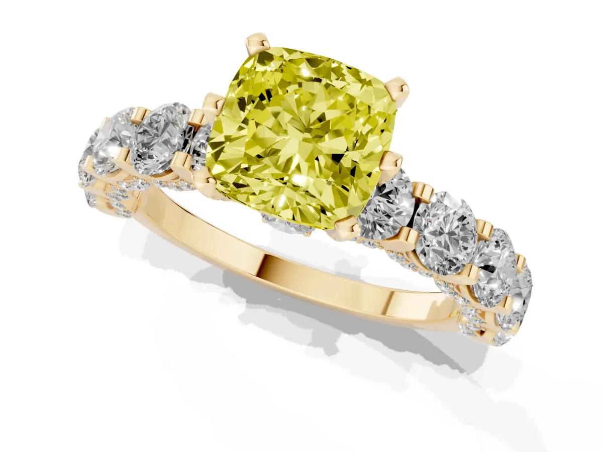 Fancy Yellow Cushion Cut Diamond Side Stone Engagement Ring with Four-Prong Setting Yellow gold