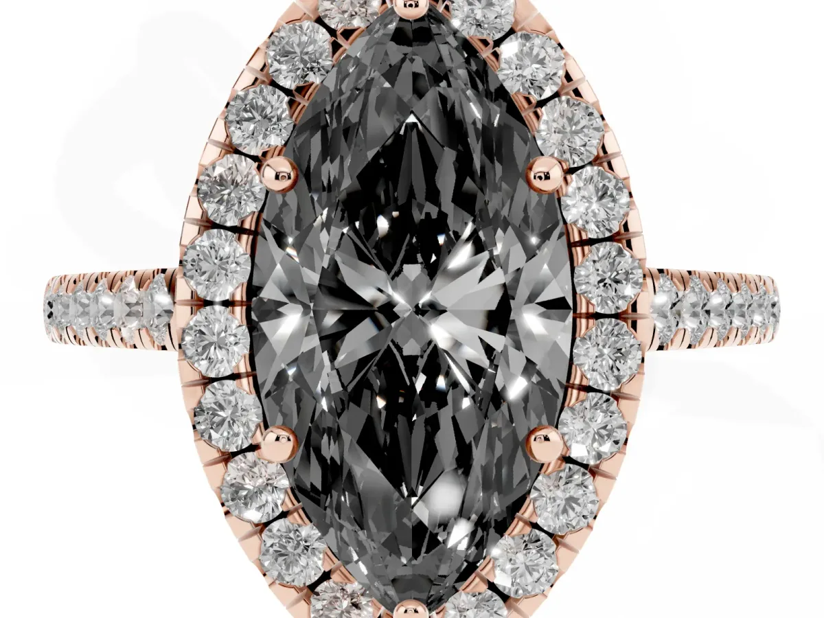 Fancy Black Marquise Cut Halo Pave Diamond Engagement Ring with Four-Prong Setting Rose gold