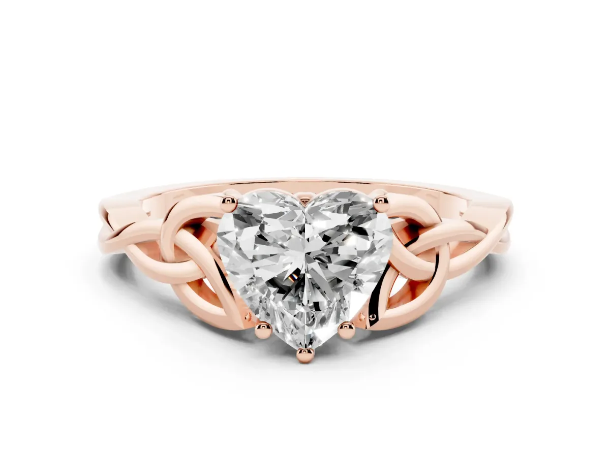 Heart Cut Diamond Solitaire Engagement Ring with Celtic Knot Band and Four-Prong Setting Rose gold
