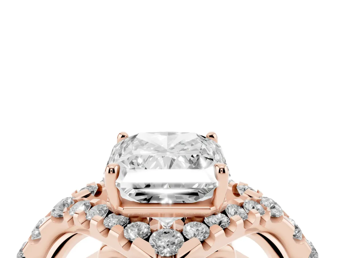 Radiant Cut Diamond Solitaire Ring with Hidden Halo and Pavé Band Rose gold
