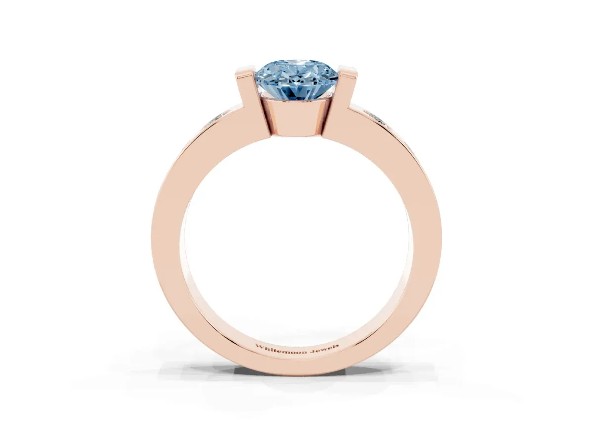 Fancy Blue Oval Cut Brilliant Channel-Set Diamond Ring with Bezel Prong Setting Rose gold
