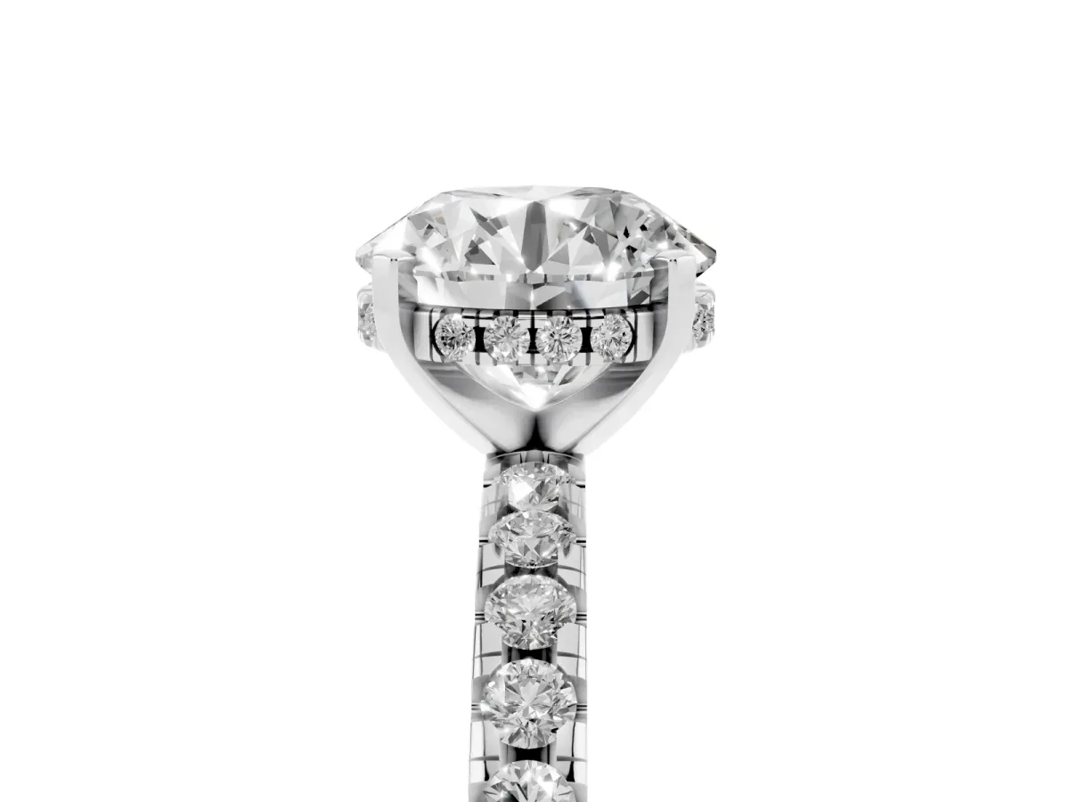 Round Cut Diamond Solitaire Ring with Round Pavé Band and Four-Prong Setting Silver