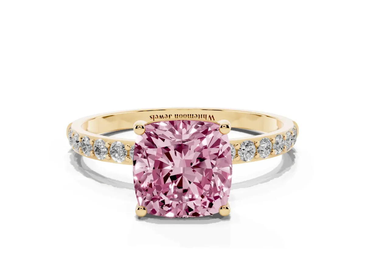 Fancy Pink Cushion Cut Diamond Solitaire Ring with Round Pavé Shoulders and Prong Setting Yellow gold