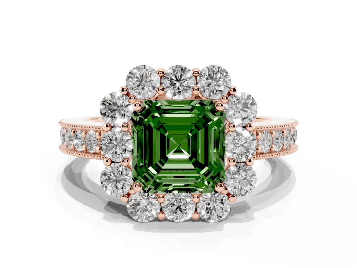 Fancy Green Asscher Cut Cut Halo Diamond Pavé Engagement Ring with Milgrain Detailing Rose gold