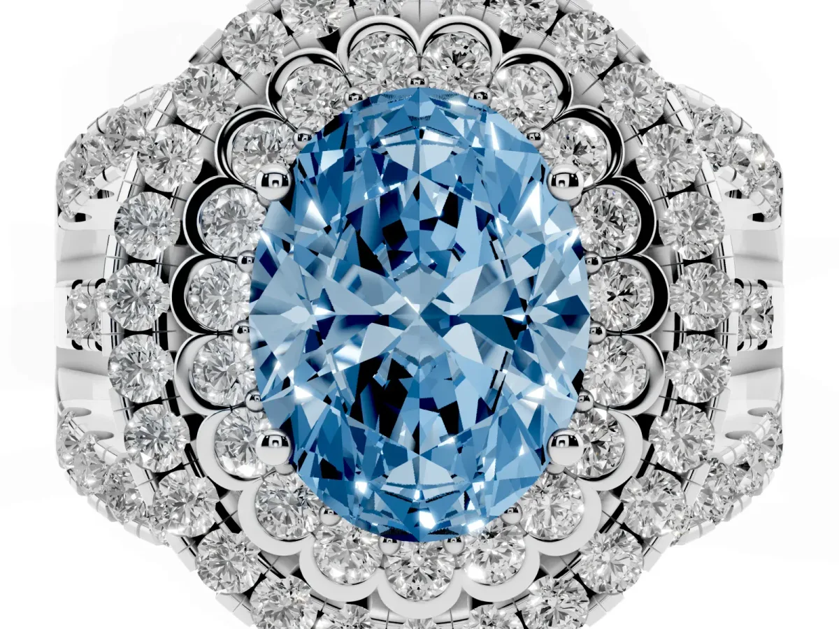 Fancy Blue Oval Cut Diamond Double Halo Ring with Round Pavé Split Shank and Prong Setting Platinum