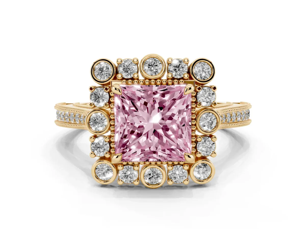 Fancy Pink Princess Cut Halo Milgrain Pave Diamond Ring with Four-Prong Setting Yellow gold