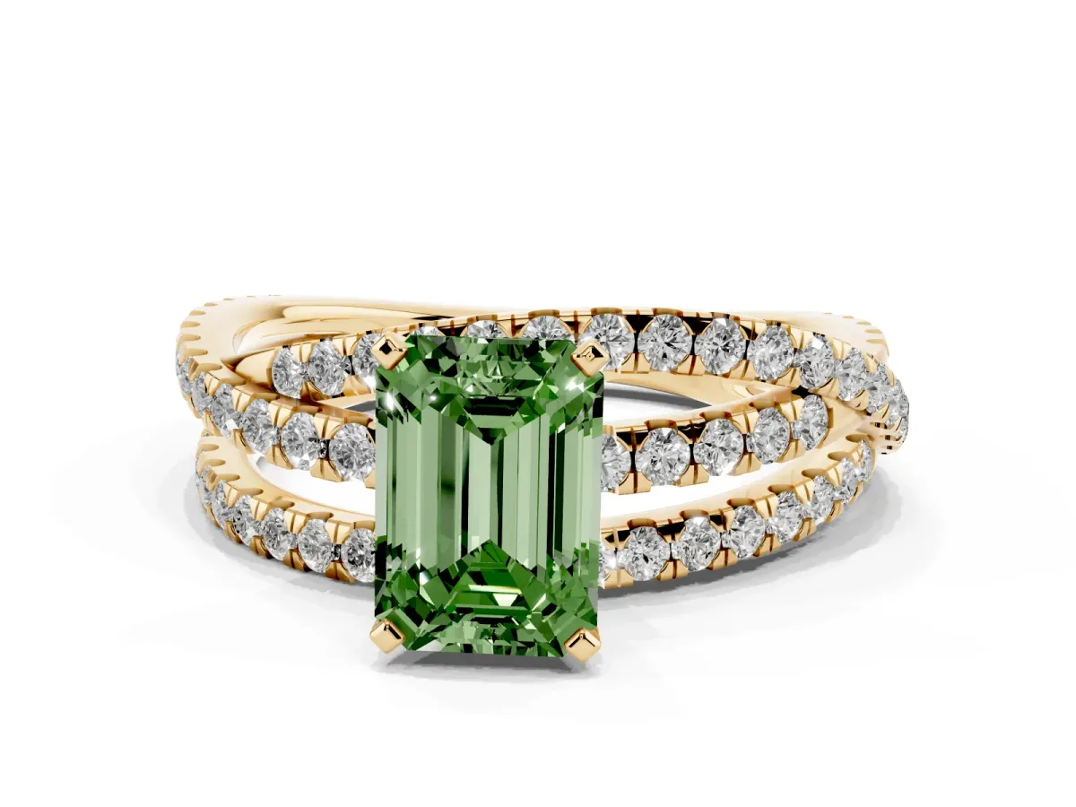 Fancy Green Emerald Cut Solitaire Twist Band with Pavé Setting and Four-Prong Setting Yellow gold