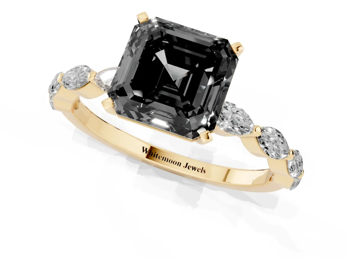 Fancy Black Asscher Cut Diamond Ring with Marquise Side Stones and Prong Setting Yellow gold