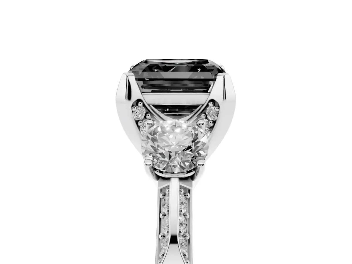 Fancy Black Asscher Cut Brilliant Three-Stone Diamond Ring with Pavé Band and Four-Prong Setting Silver