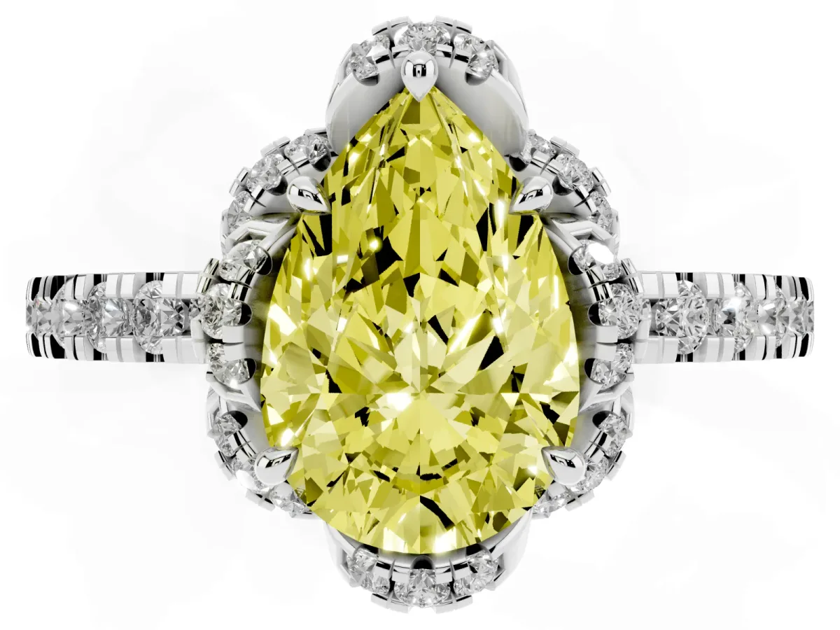 Fancy Yellow Pear Cut Diamond Halo Pave Band with Four-Prong Setting Silver