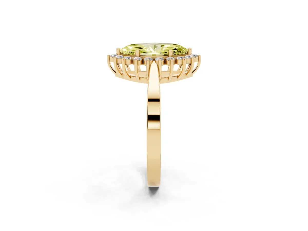 Fancy Yellow Marquise Cut Cut Diamond Halo Ring with Round Brilliant Halo and Solitaire Band Yellow gold